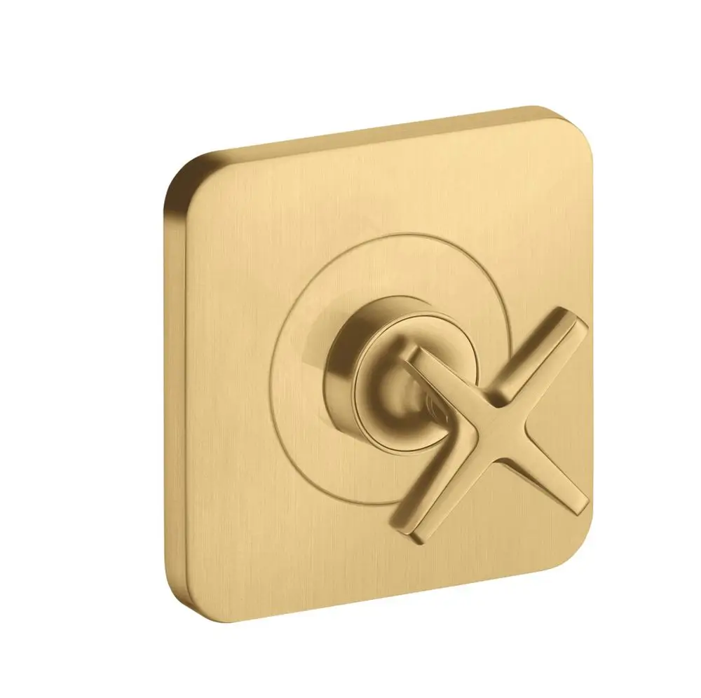 AXOR Absperrventil in gebürsteter Gold-Optik, quadratische Platte mit runder Ausstanzung und kreuzförmigem Griff, geeignet für Unterputzmontage.